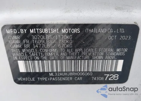 2024 Mitsubishi Mirage Es из США, поврежденный, VIN ML32AUHJ8RH006060